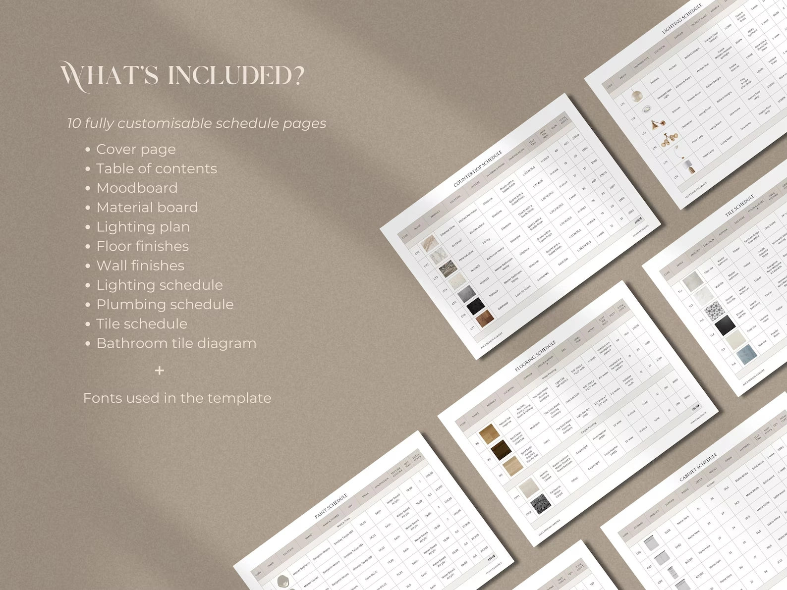 Customizable schedule pages on a beige background with text listing included elements.