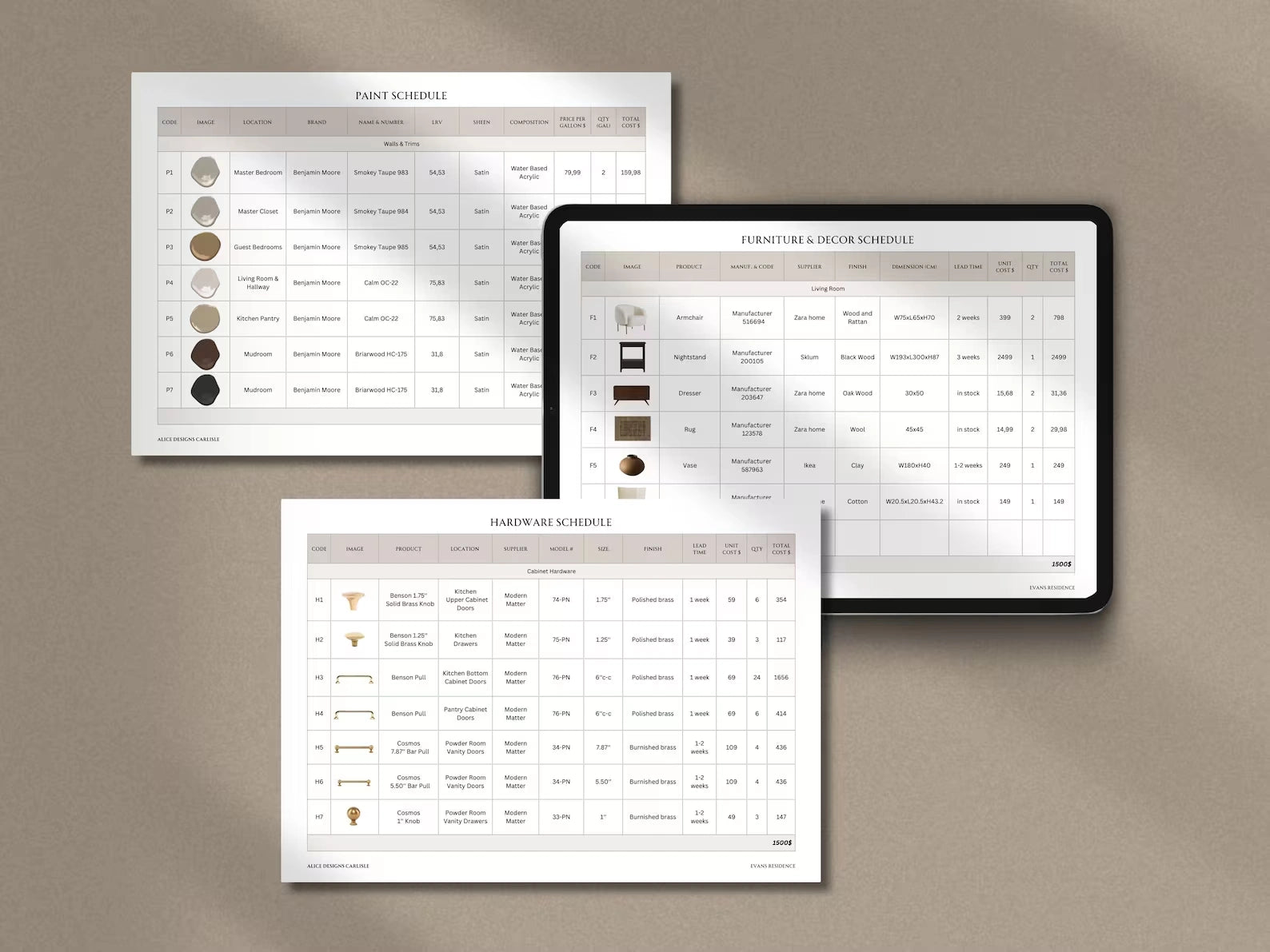 Three sheets of paper with color swatches and text on a beige background