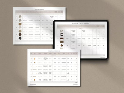 Three sheets of paper with color swatches and text on a beige background