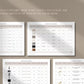 Four calendar templates on a beige background with text about customization options.