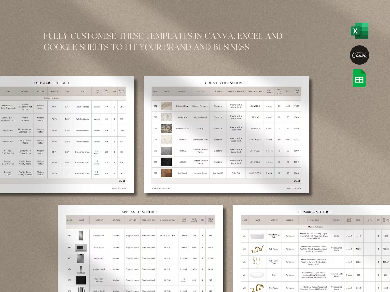 Four calendar templates on a beige background with text about customization options.