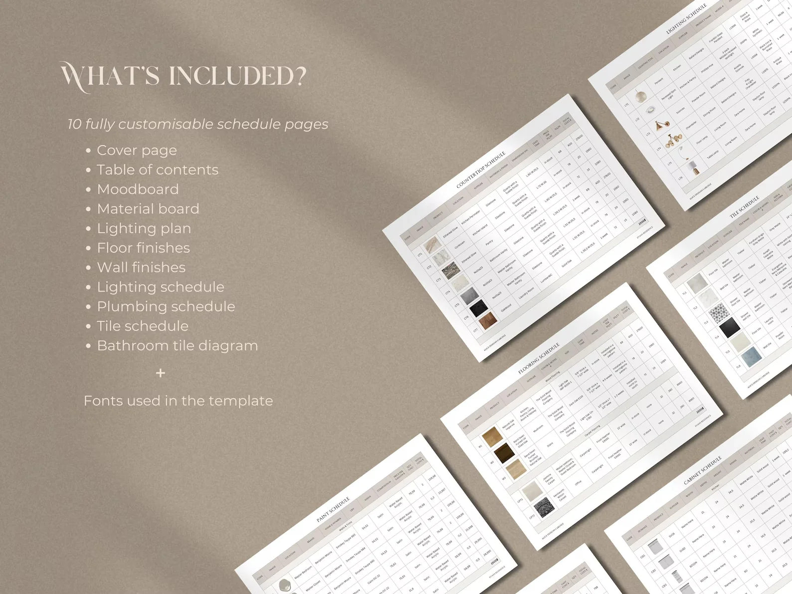 Customizable schedule pages on a beige background with text listing included elements.
