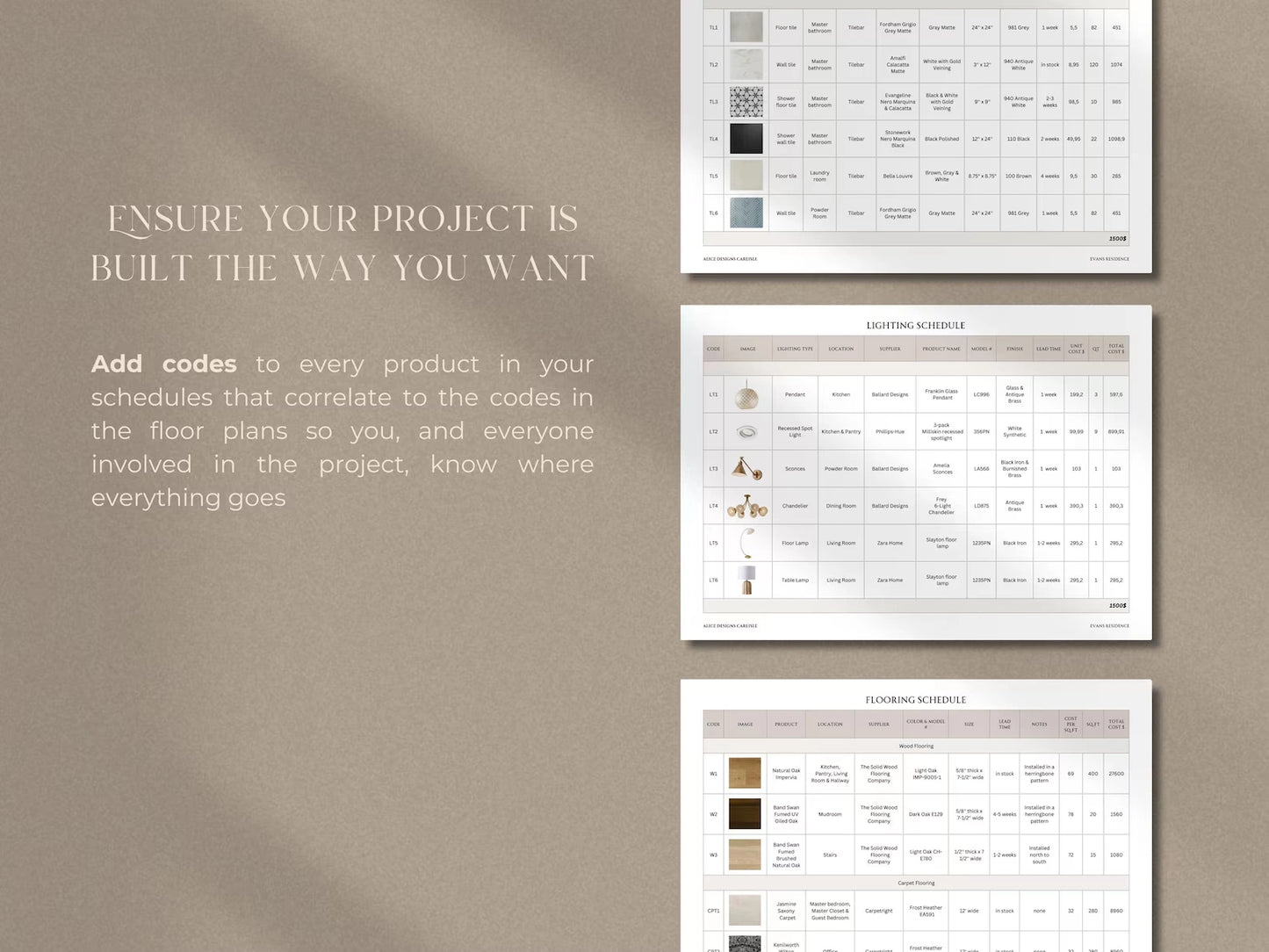 Three printed sheets with text and color swatches on a beige background