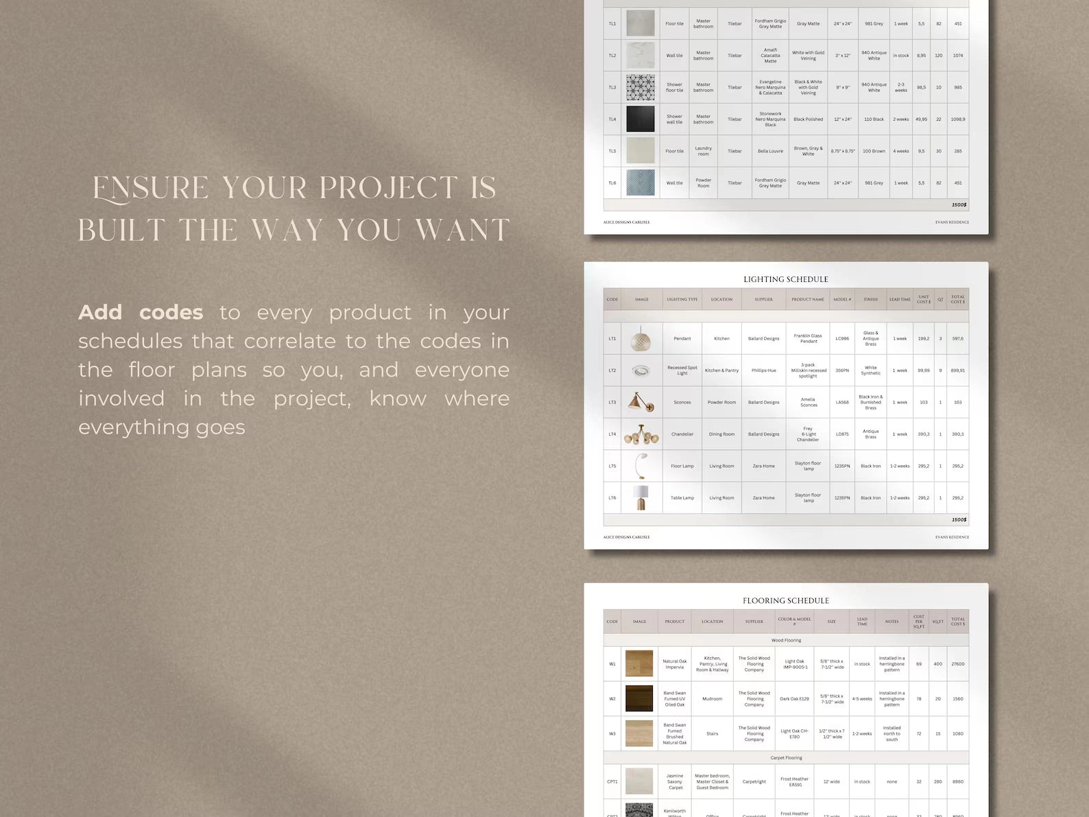 Three printed sheets with text and color swatches on a beige background