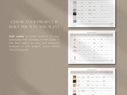 Three printed sheets with text and color swatches on a beige background