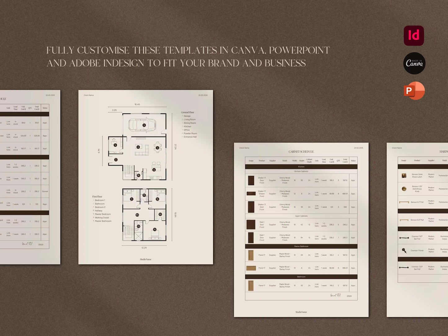 Set of customizable templates displayed on a brown background with branding icons.