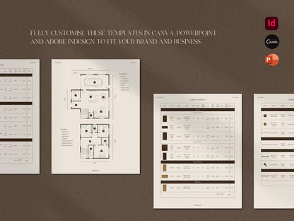 Set of customizable templates displayed on a brown background with branding icons.