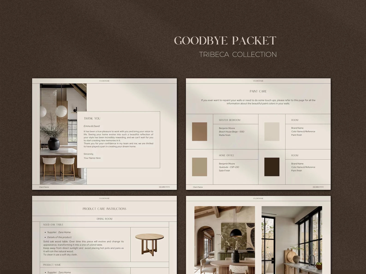 Goodbye Packet for Tribeca Collection with interior design images and text on a brown background