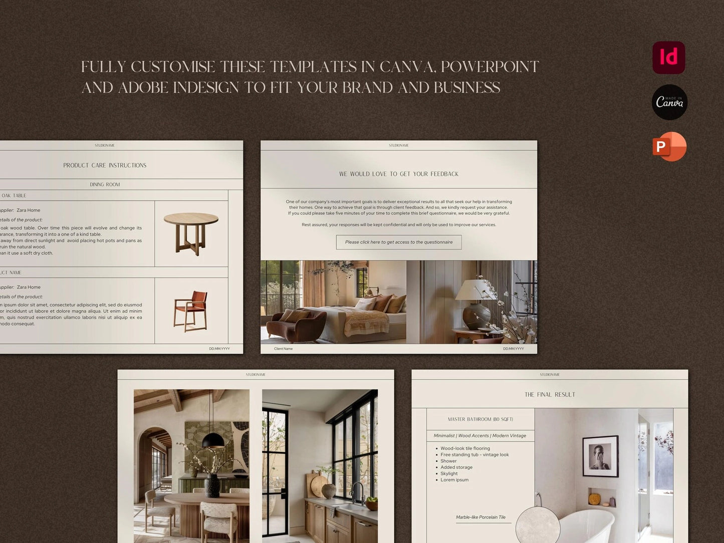 Collage of interior design templates with furniture and room views on a brown background.