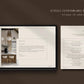 iPad displaying a design template with text and images on a brown background