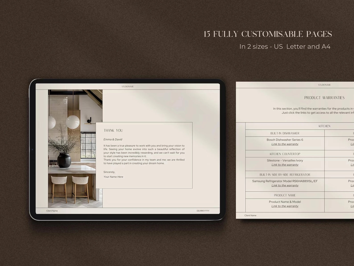 iPad displaying a design template with text and images on a brown background