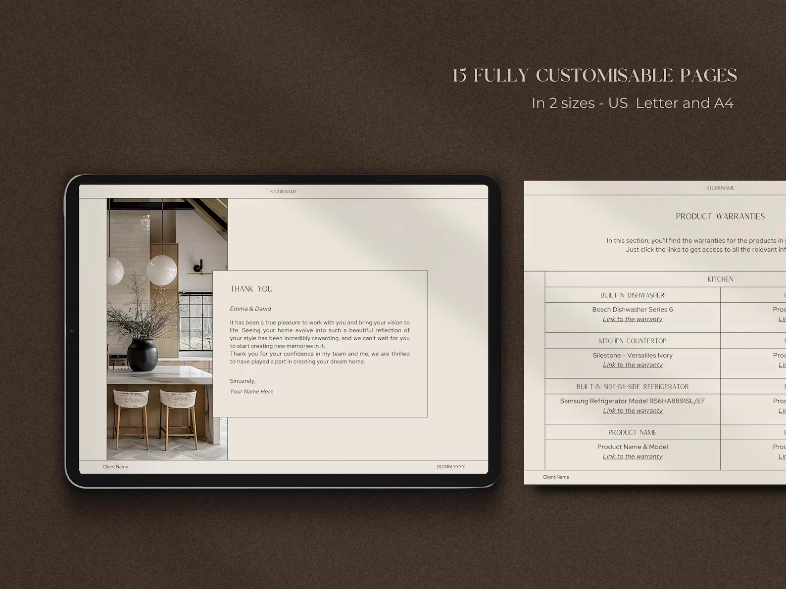 iPad displaying a design template with text and images on a brown background