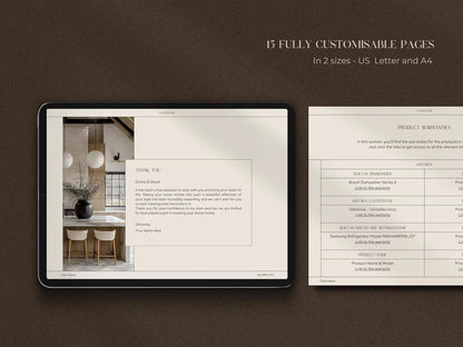 iPad displaying a design template with text and images on a brown background