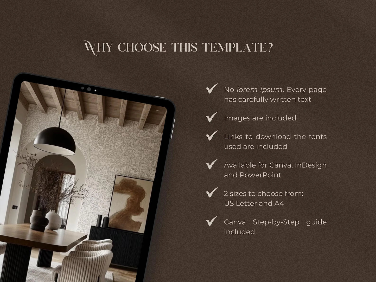 Promotional graphic for a design template with a tablet displaying a room interior and text about the template's features.