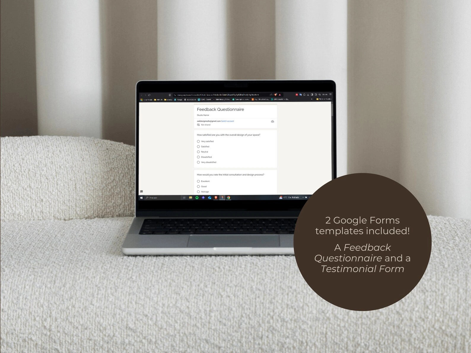 Laptop on a couch with a screen displaying a Google Forms questionnaire.