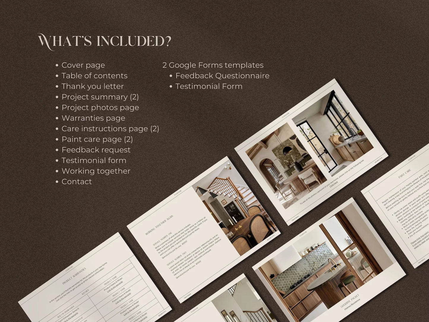 Documents with images of rooms on a brown background, listing what is included.