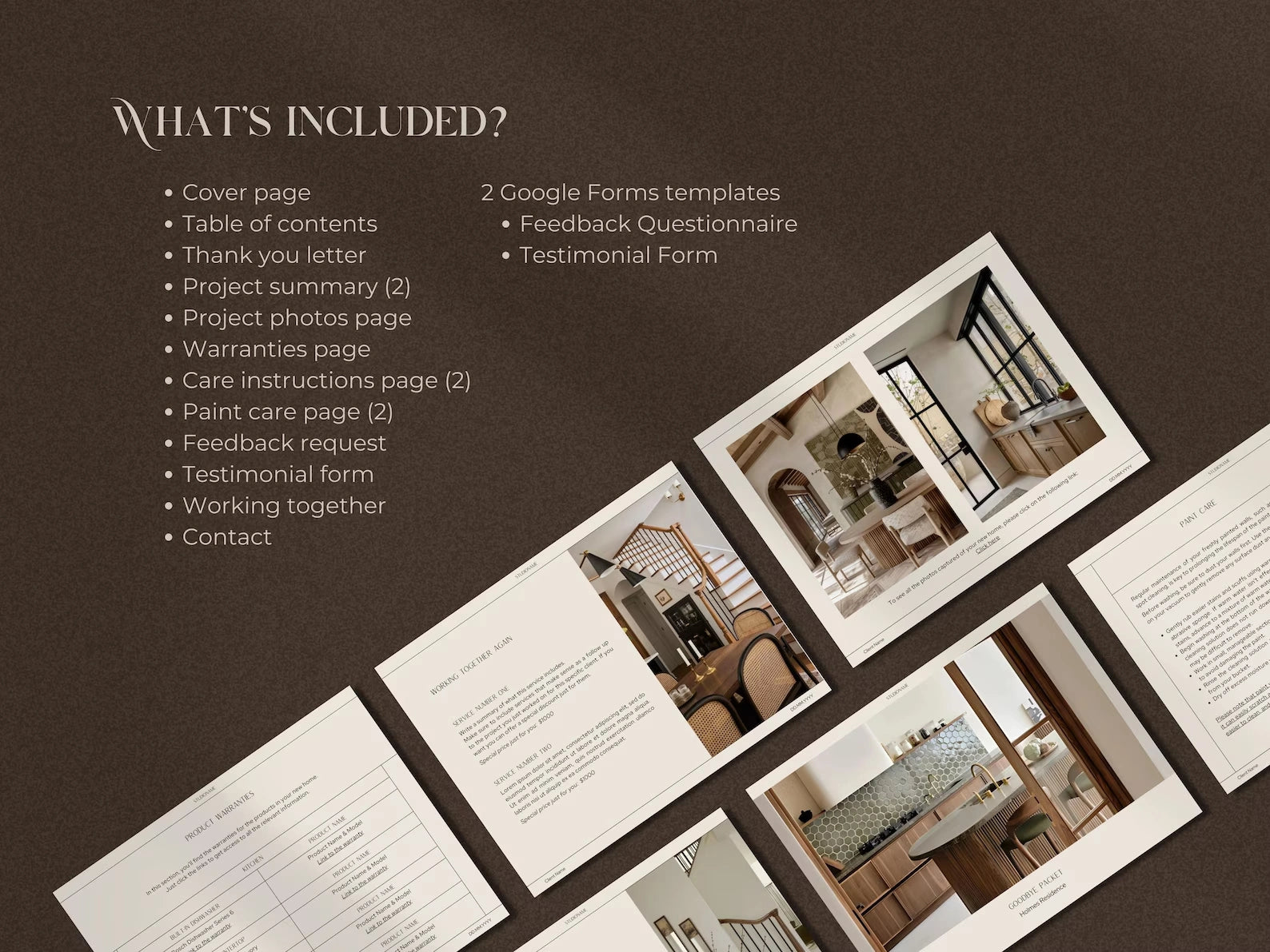 Documents with images of rooms on a brown background, listing what is included.