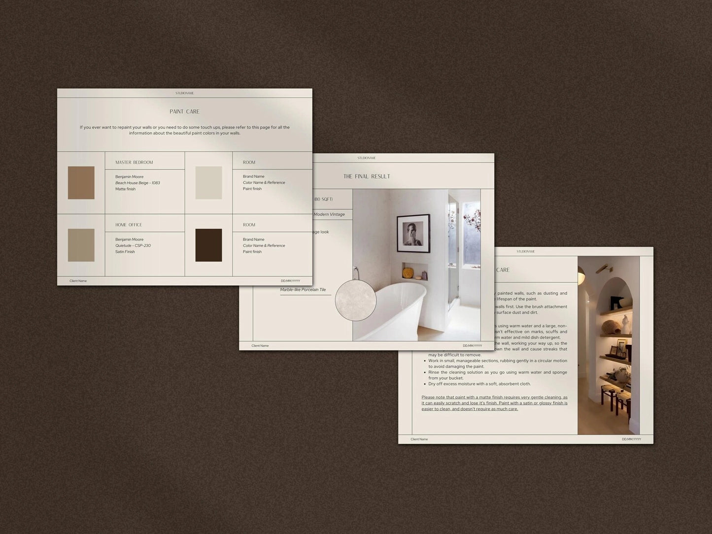 Set of interior design brochures with color swatches and room images on a brown background