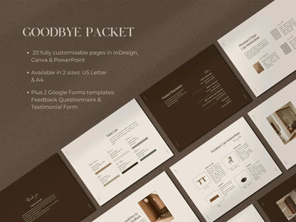 Goodbye packet with customizable pages in InDesign, Canva, and PowerPoint on a brown background.