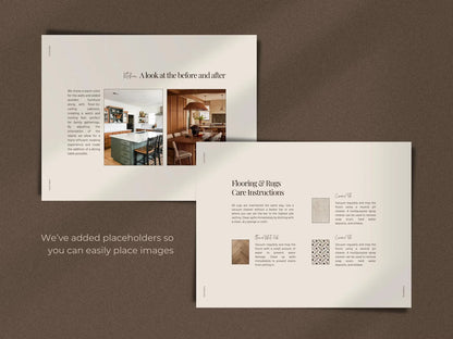 Two pages from a design guide with text and placeholders on a brown background