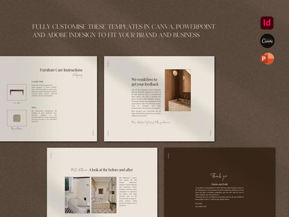Templates for Canva, PowerPoint, and Adobe InDesign on a brown background with text about customization.