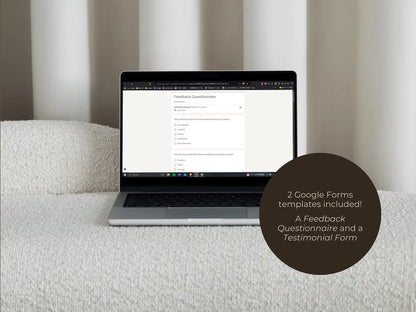Laptop on a couch with a screen displaying Google Forms templates, text overlay about included templates.