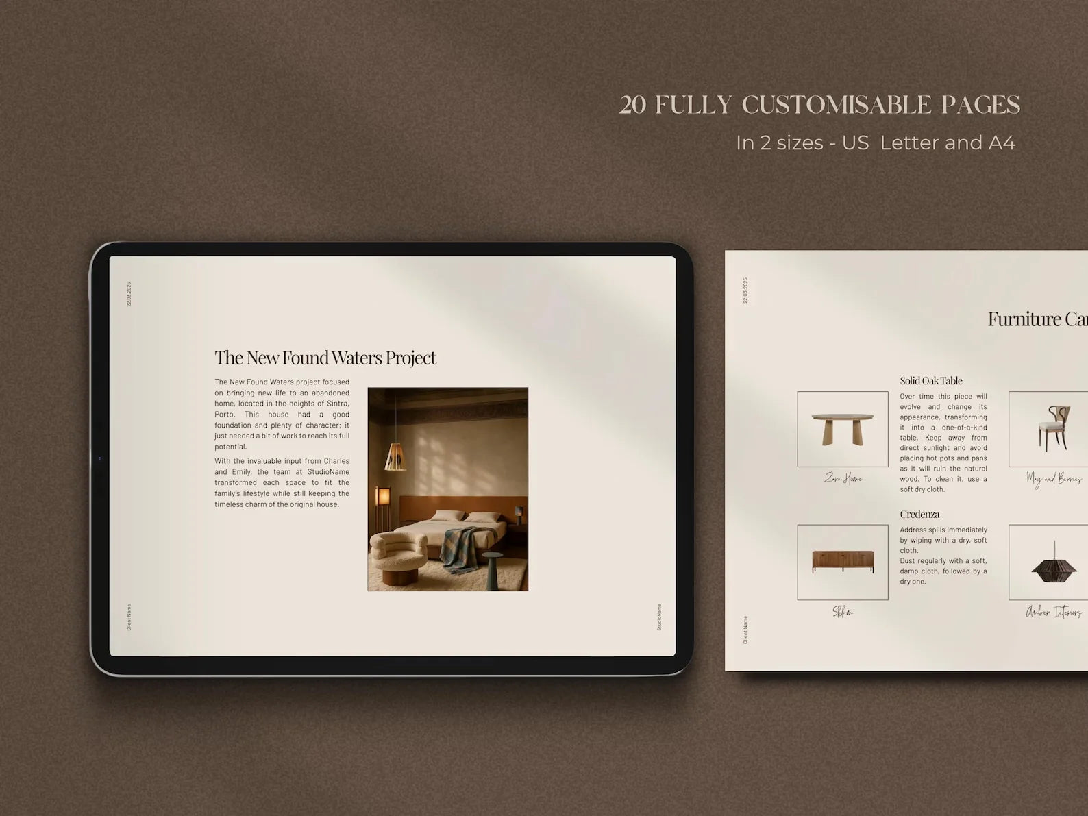 Tablet displaying a design project on a brown background with text about customizable pages.