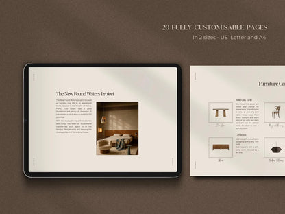 Tablet displaying a design project on a brown background with text about customizable pages.