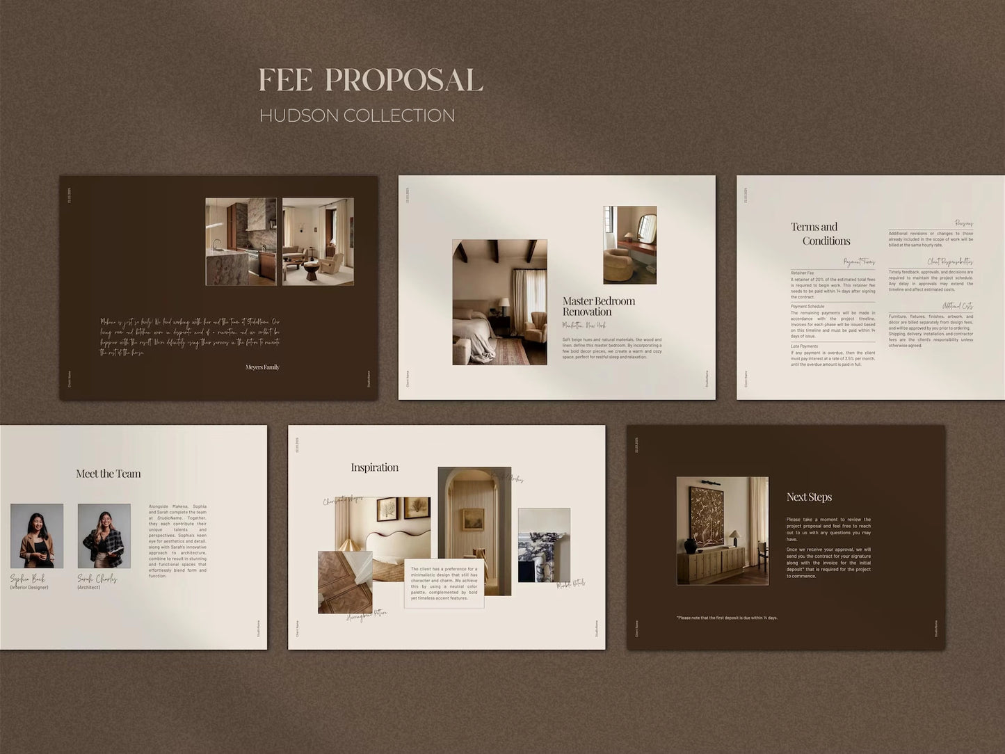 Fee proposal for Hudson Collection with various sections on a brown background