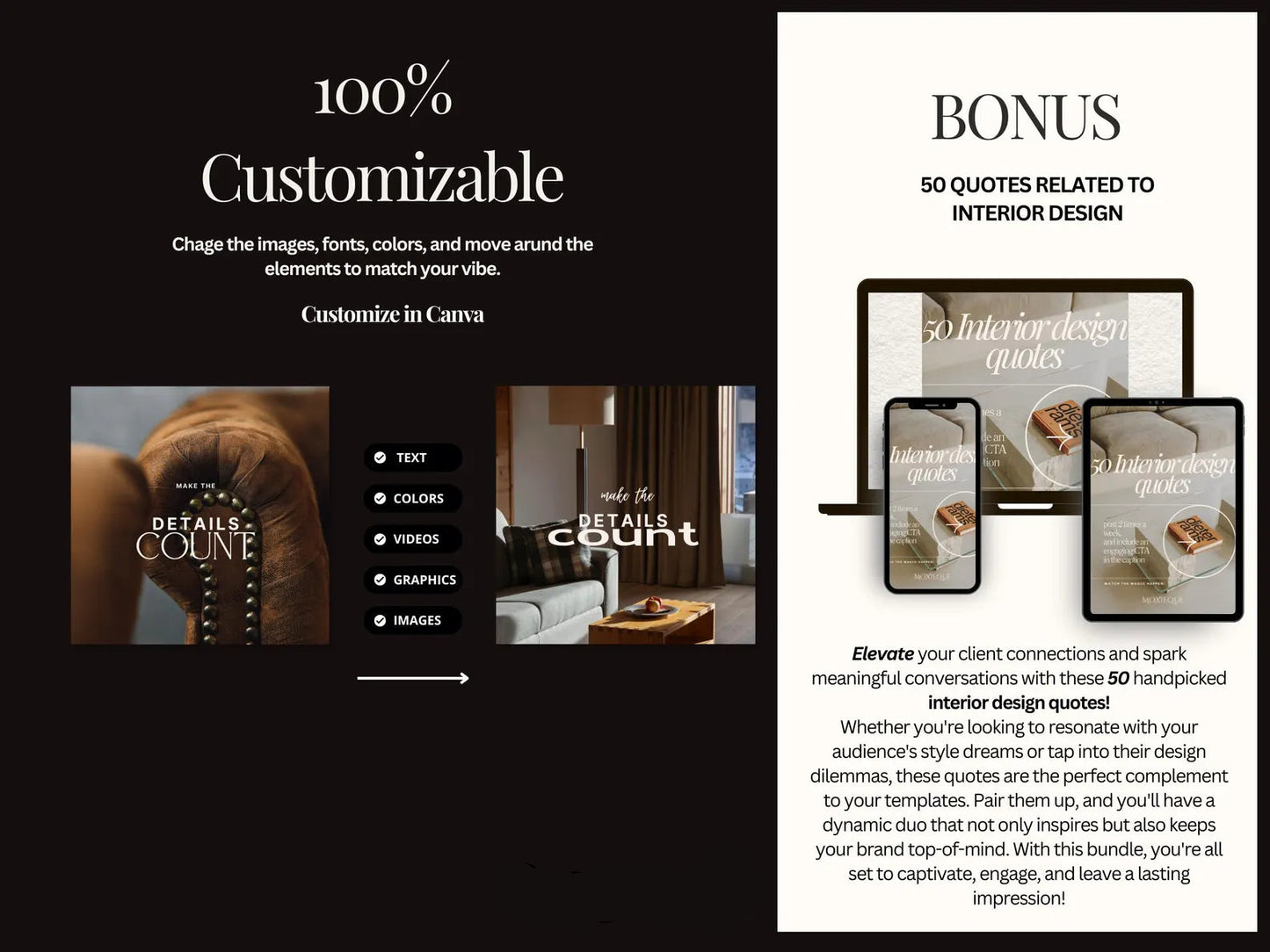 Promotional graphic for Moxieque design tools with customizable options and interior design quotes.
