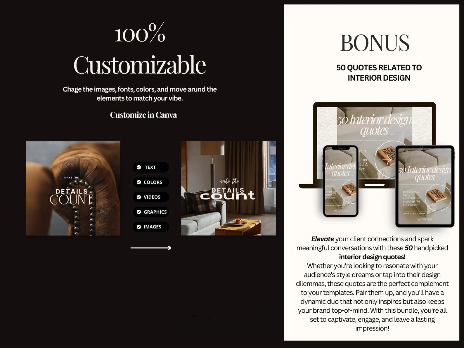 Promotional graphic for Moxieque design tools with customizable options and interior design quotes.