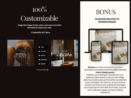 Promotional graphic for Moxieque design tools with customizable options and interior design quotes.