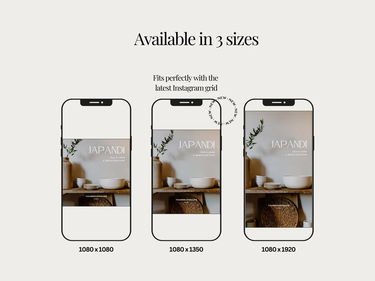 Three smartphone screens displaying a Japandi interior design theme with text indicating available sizes.