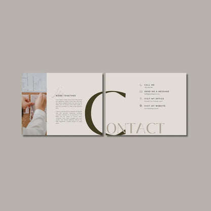 Open brochure with contact information on a gray background