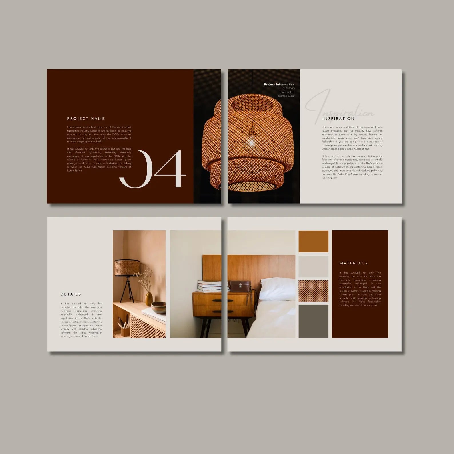 Decorative interior design brochure with images of a lamp, bedroom, and other elements on a gray background.