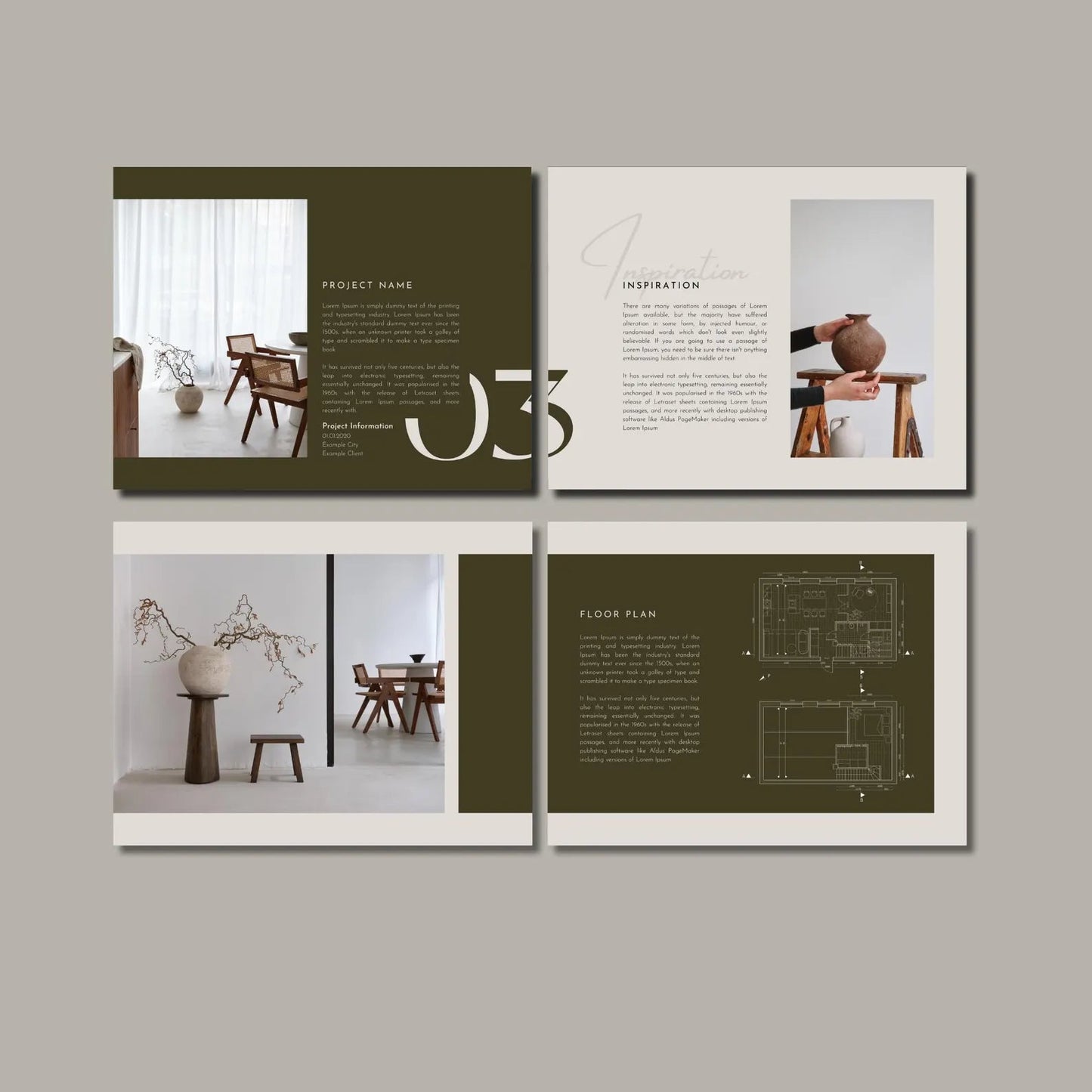 Design layout with interior design elements and 'INTERIOR DESIGN COLLECTIVE' branding on a gray background