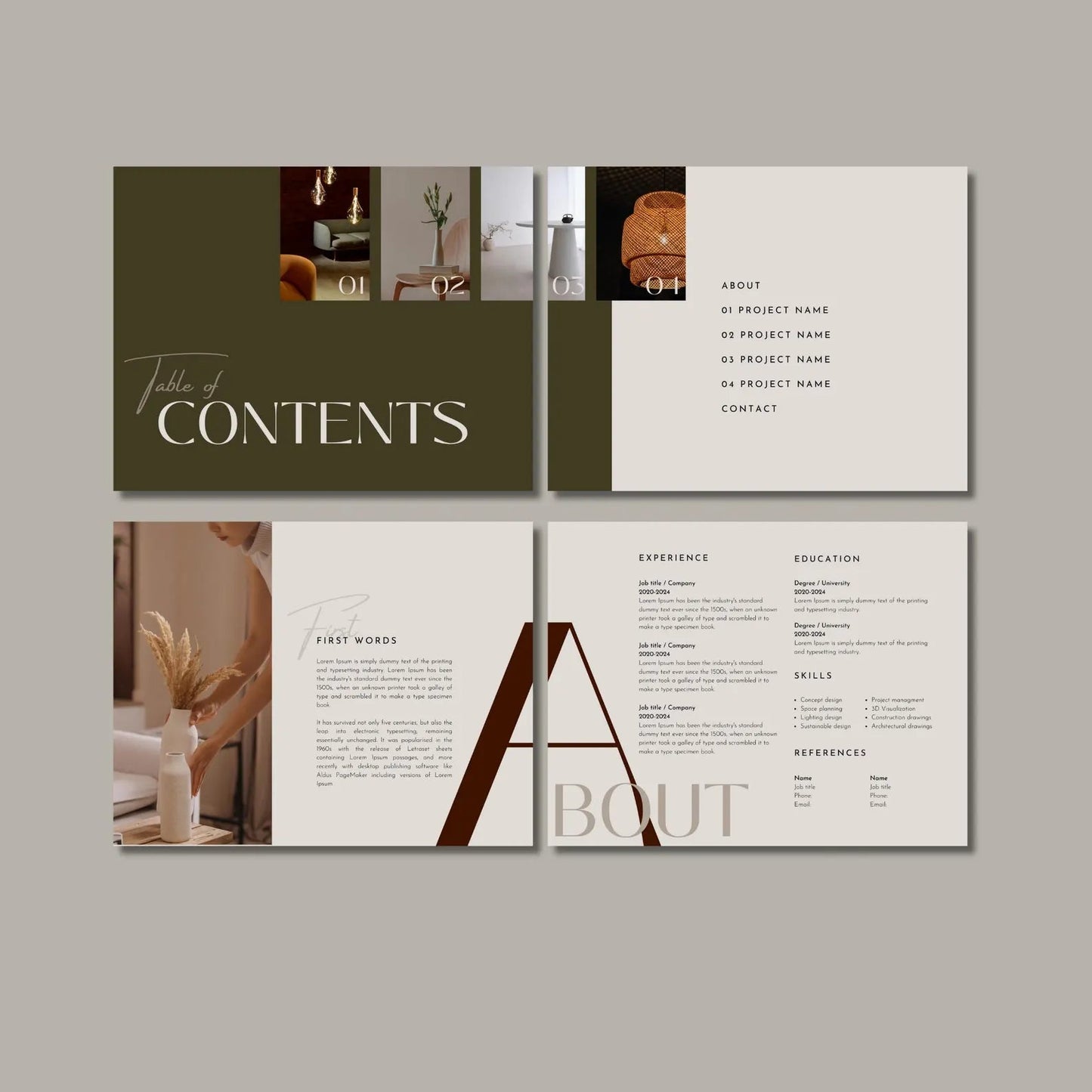 Brochure design with 'Table of Contents' and 'About' sections on a gray background