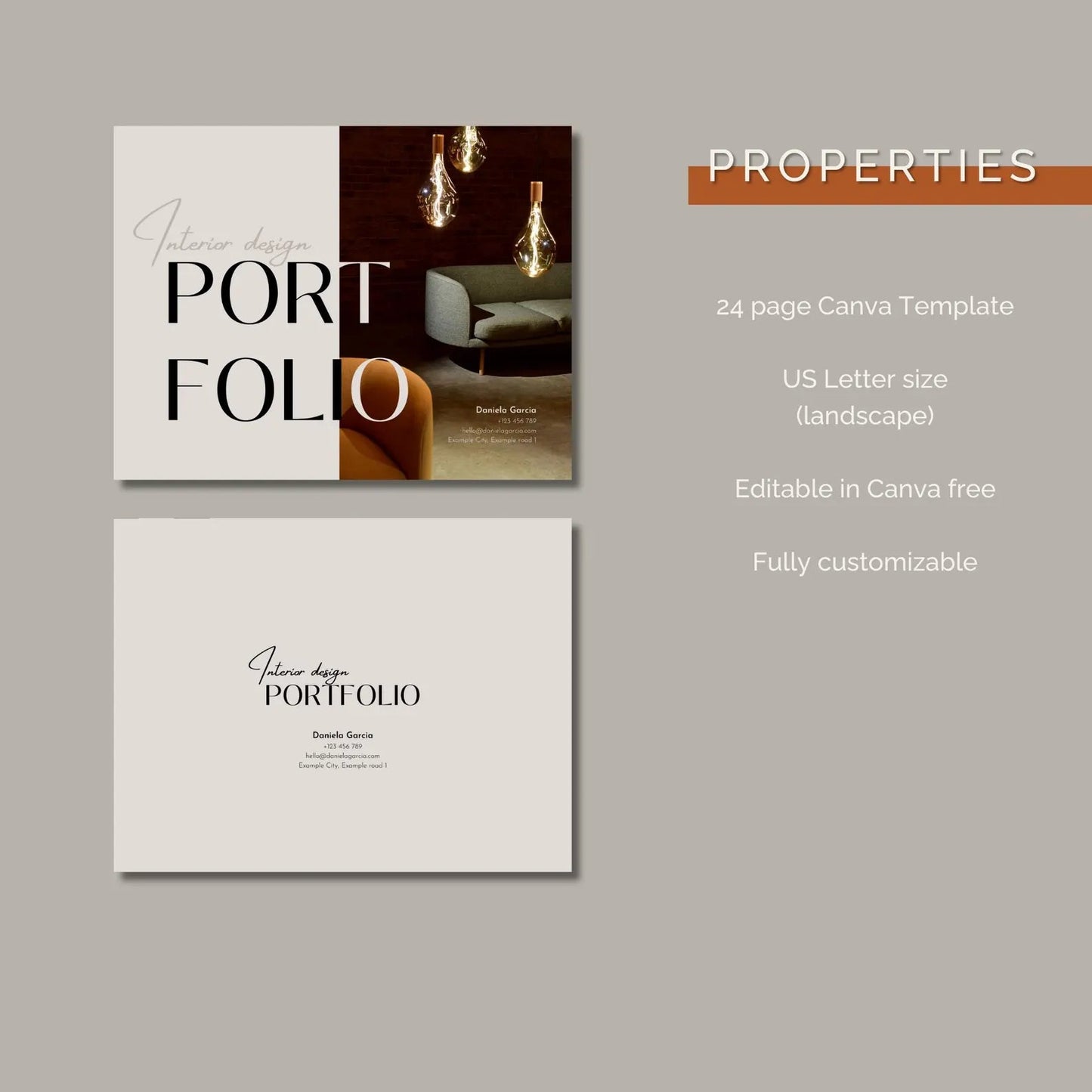 Two design templates for a portfolio with 'Properties' text and 'INTERIOR DESIGN COLLECTIVE' branding on a gray background.