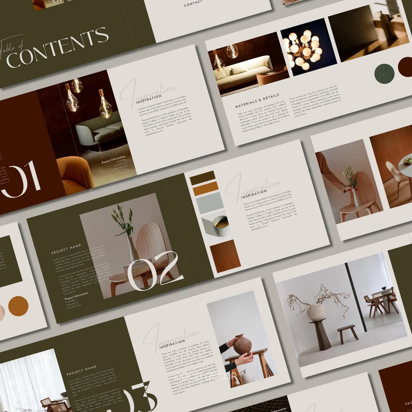 Collage of interior design brochures with images and text on a neutral background