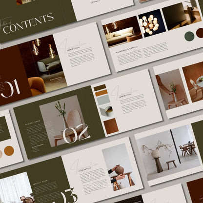 Collage of interior design brochures with images and text on a neutral background