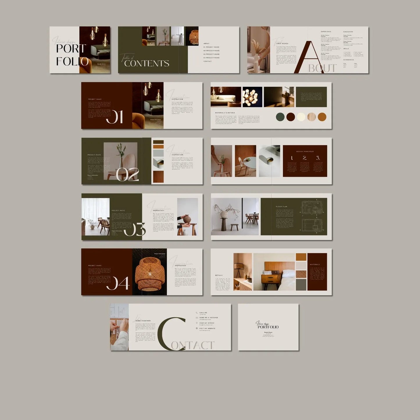 Collection of design portfolios on a gray background with 'INTERIOR DESIGN COLLECTIVE' branding.