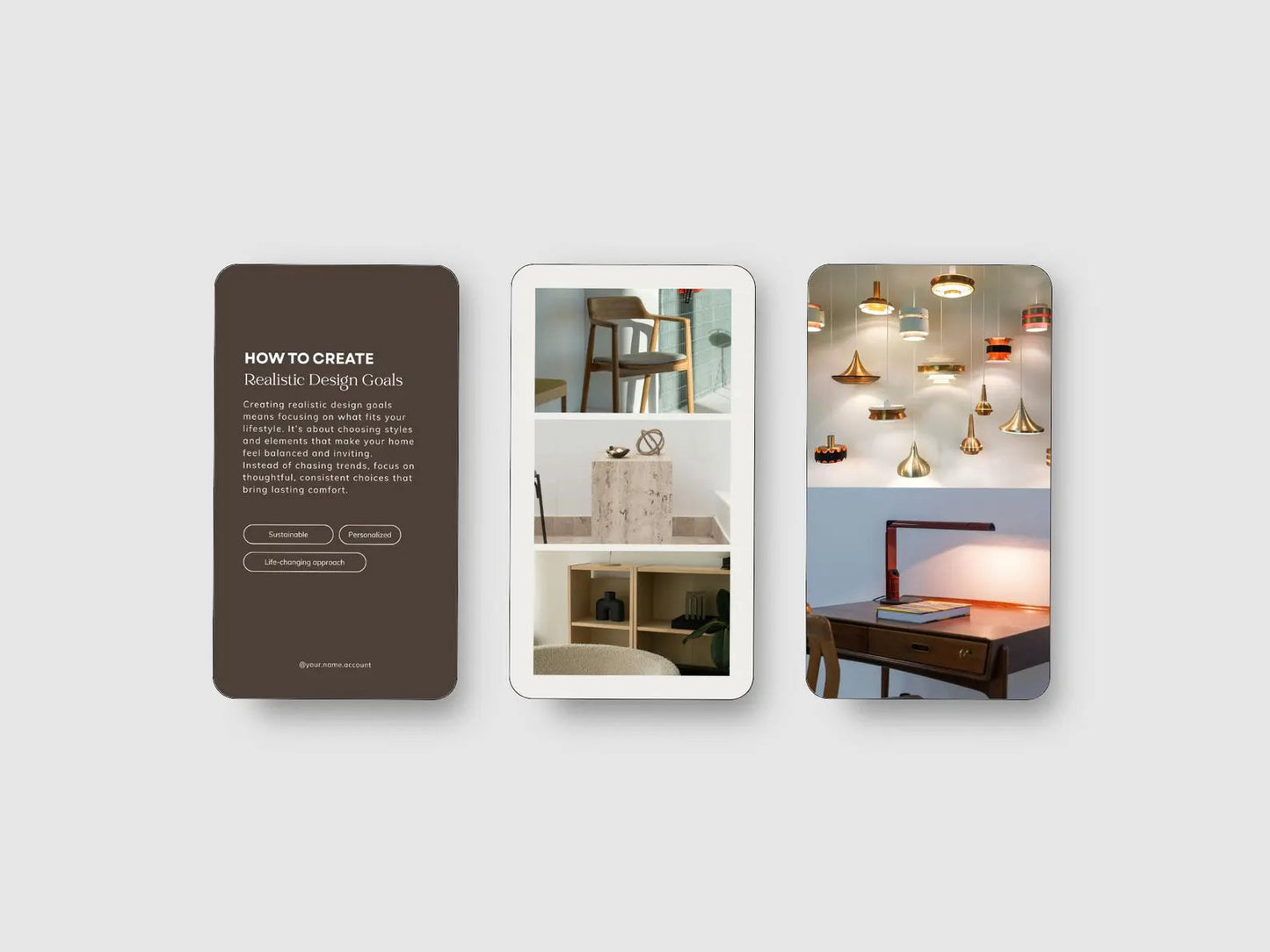 Three smartphone screens showing interior design content with 'the avery shop' branding.