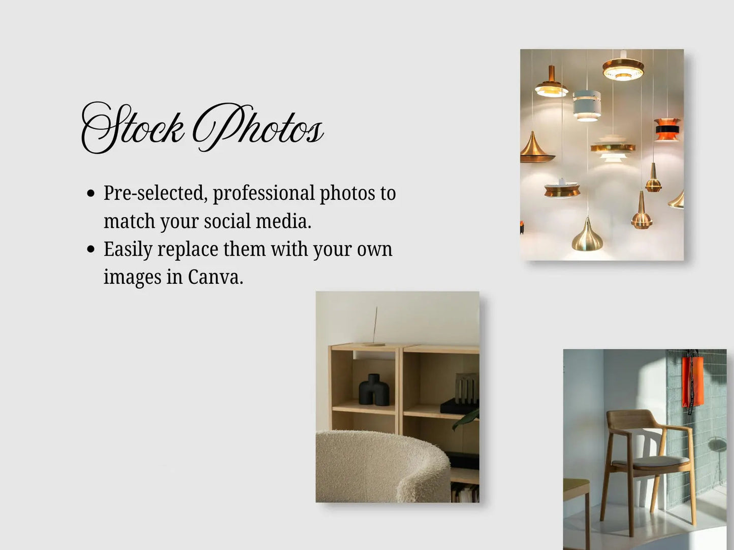 Promotional image for stock photos with text and sample images of interior decor.