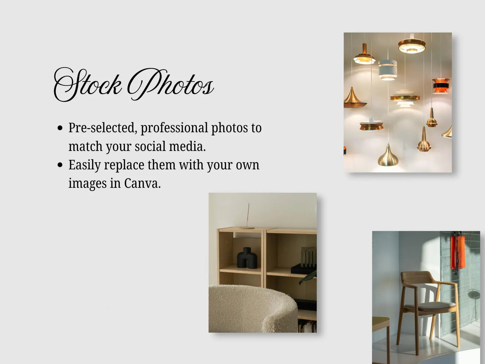 Promotional image for stock photos with text and sample images of interior decor.