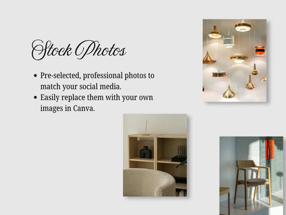 Promotional image for stock photos with text and sample images of interior decor.