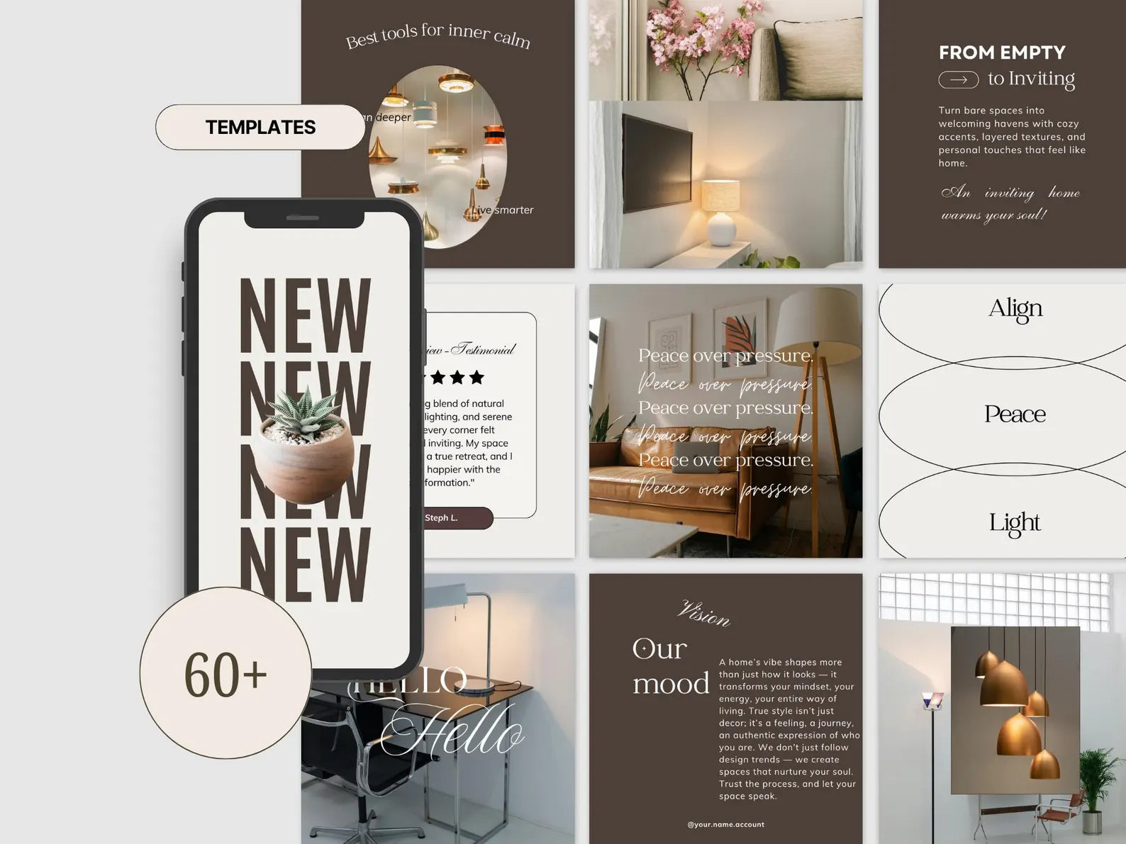Collage of interior design templates with text and images of rooms.