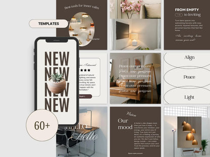 Collage of interior design templates with text and images of rooms.
