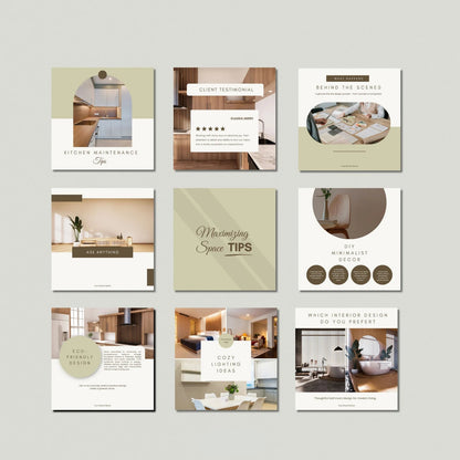 Collection of interior design and lifestyle images on a light gray background