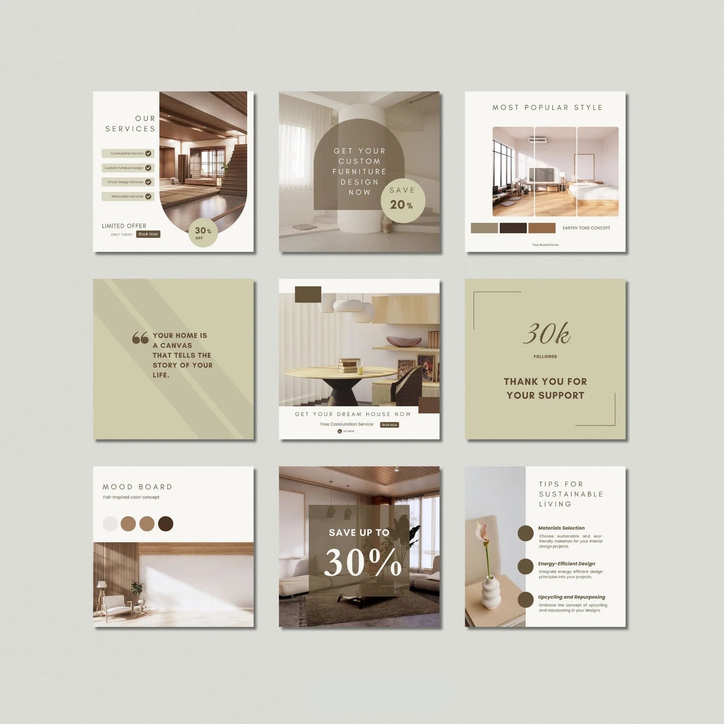 Collection of interior design promotional posters on a light gray background