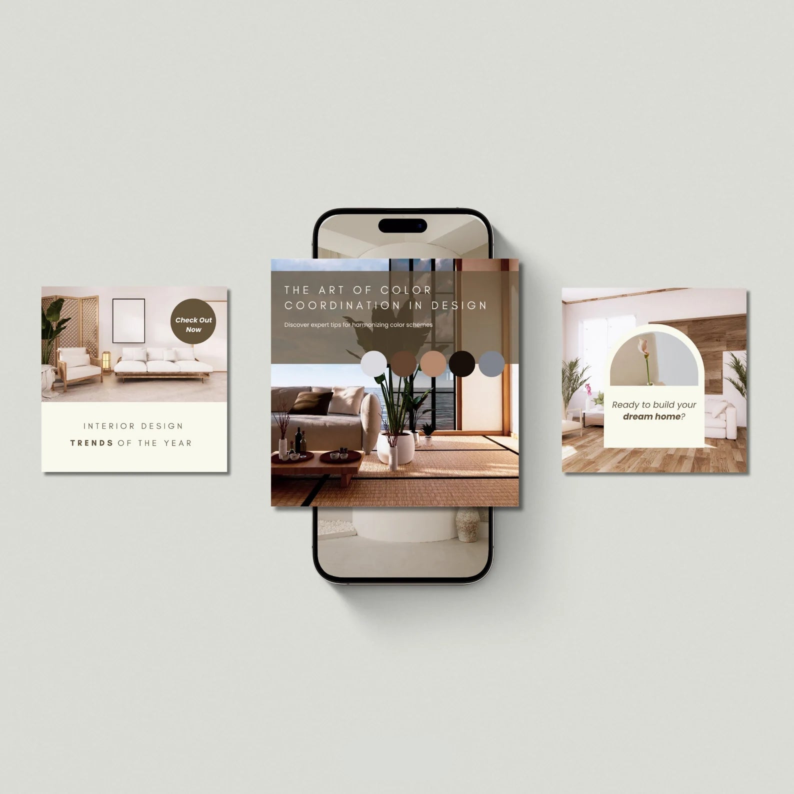 Phone displaying interior design app with three app screens on a light gray background